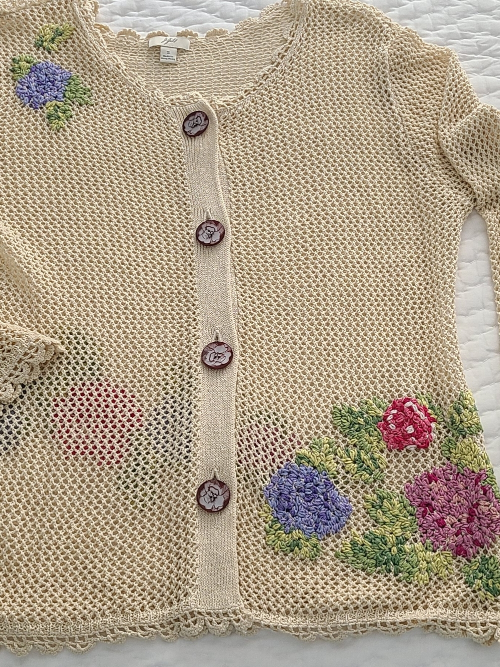 J. Jill Cream Crochet Cardigan with Pink, Purple & Green Floral Embroidery